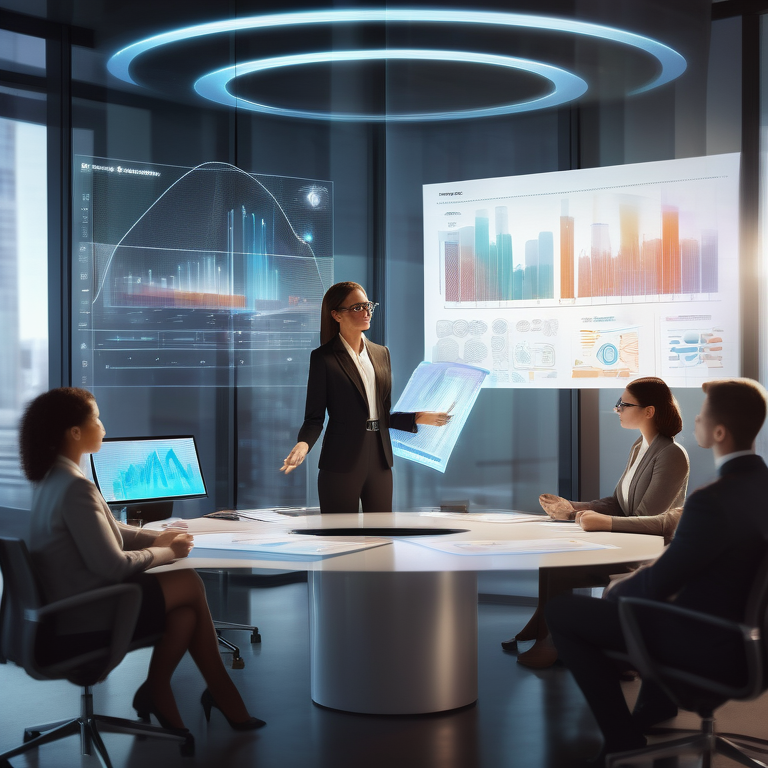 Professional woman presents a payroll report to colleagues around a table with a holographic interface displaying data.