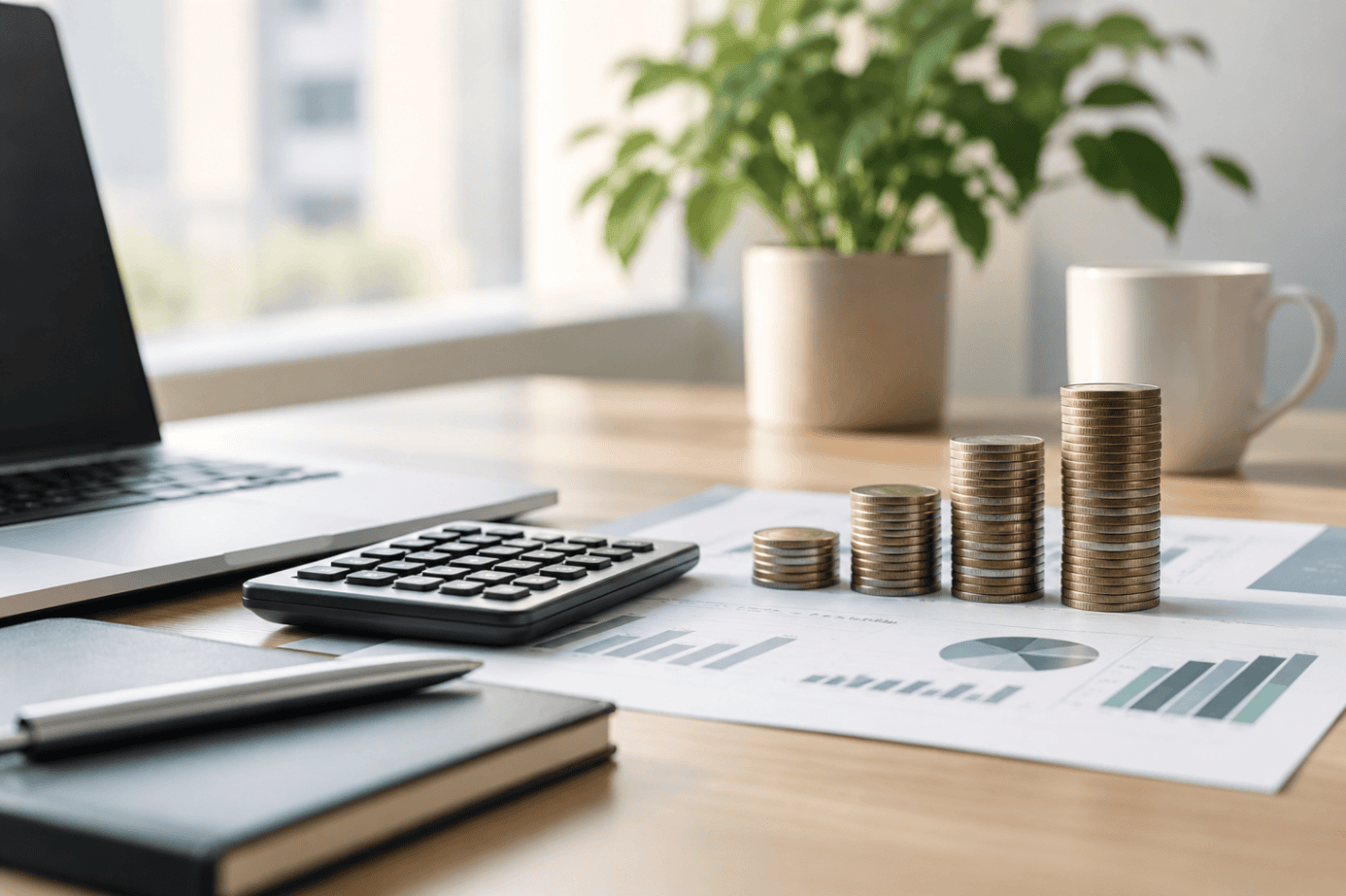 Payroll outsourcing cost calculation with laptop, calculator, charts, and coins.