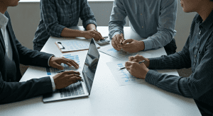 Team discussing in-house payroll process.