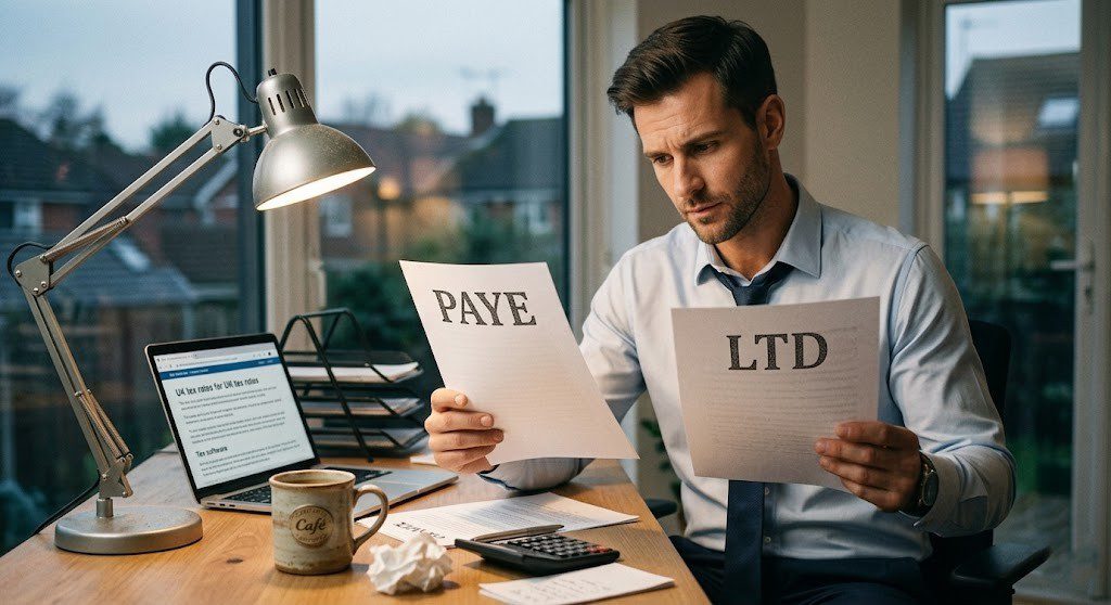 Business professional comparing PAYE and LTD options at a desk while reviewing financial documents and calculations
