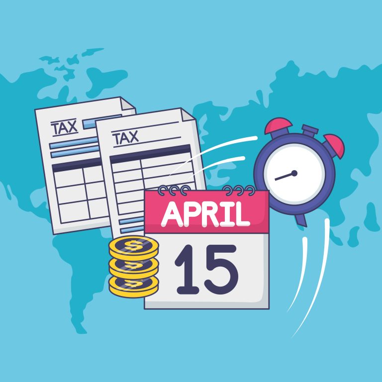 Illustration of tax forms, a calendar showing April 15, stacked coins, and a clock, symbolising a tax payment deadline