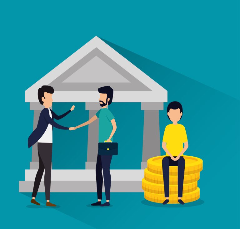Illustration of two people shaking hands with one man sitting on a pile of coins