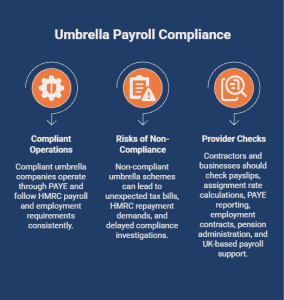 Infographic explaining umbrella payroll compliance, including compliant PAYE operations, risks of non-compliant umbrella schemes, HMRC investigations, and key provider checks for contractors and businesses.