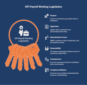 Infographic explaining off-payroll working legislation (IR35), contractor tax rules, and compliance requirements.