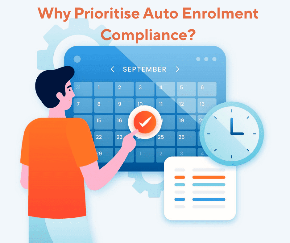 Person choosing a date on a calendar, highlighting auto-enrolment compliance with clock and document icons.