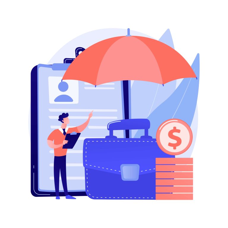 Business insurance illustration featuring a briefcase, umbrella, coins and document, symbolising financial security and protection.