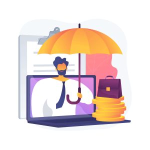 Illustration of a business person on a laptop screen holding a yellow umbrella, with coins, briefcase and clipboard, symbolising financial security and umbrella company services.