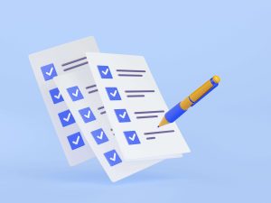 3D illustration of checklist papers with blue checkmarks and pen, symbolizing task completion and record keeping.
