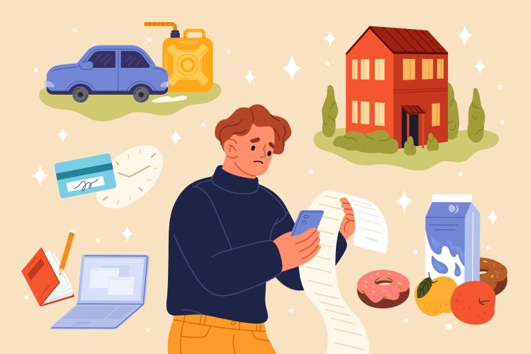 Illustration of a man worrying about car petrol, house, groceries, and utilties bill.