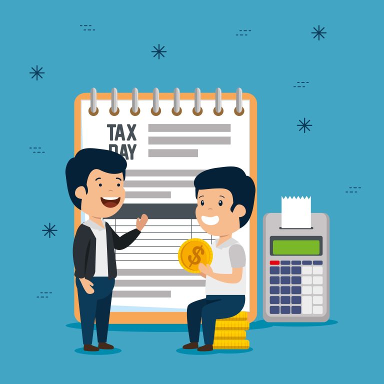Tax day illustration with people and calculator.