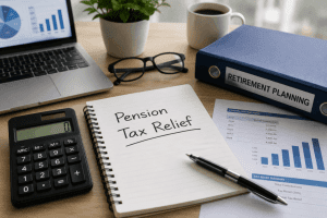 Pension tax relief documents, calculator, and retirement planning materials on office desk.