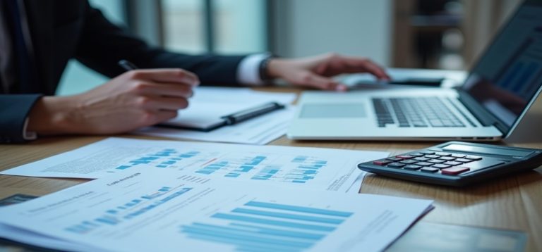 Payroll documents, calculator, laptop with payroll charts, and compliance checklist arranged on a modern office desk.