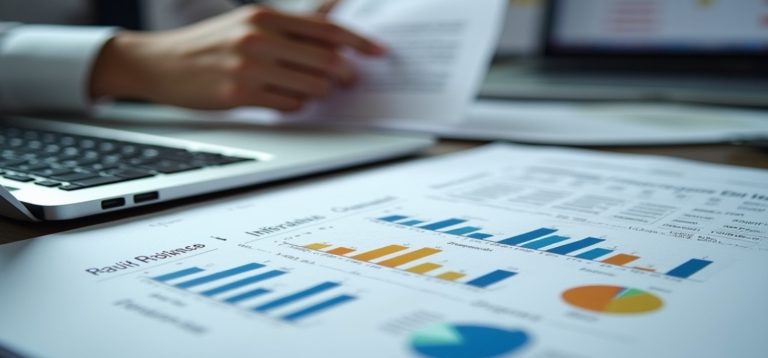 HR manager reviewing payroll reports, compliance checklist, and internal control documents on a modern office desk with a laptop displaying audit charts.