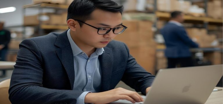 Business owner reviewing payroll on a laptop for seasonal employees, with temporary staff working in warehouse roles in the background