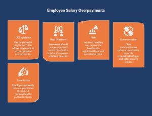 Infographic showing UK salary overpayment rules, risks, communication, and time limits
