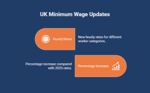 Infographic showing updated UK minimum wage rates for April 2026, highlighting new hourly pay rates and percentage increases compared to 2025.