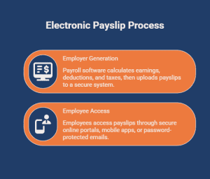 Infographic showing how electronic payslips work, including payroll software generating payslips and employees accessing them through secure portals, mobile apps, or email