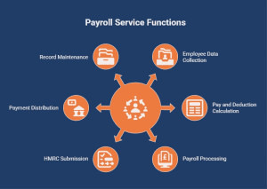 Payroll service functions infographic showing employee data collection, pay calculation, HMRC submission, payroll processing, payment distribution, and record maintenance.