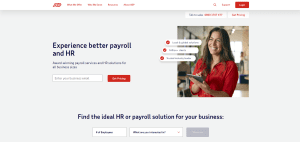 Screenshot of  ADP website homepage featuring payroll and HR solutions, pricing options, and a professional using a tablet, highlighting global payroll services.