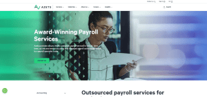 Screenshot of Azets payroll services webpage featuring HMRC-compliant payroll outsourcing, a professional reviewing documents, and messaging focused on accuracy and efficiency.