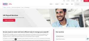 Screenshot of BDO UK Payroll Services webpage showing payroll outsourcing solutions, service navigation, and a professional smiling in an office setting.
