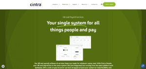 Screenshot of Cintra payroll services webpage featuring integrated HR and payroll software, dashboard interface, and messaging about a unified people and pay system.