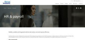Screenshot of Forvis Mazars HR & payroll services webpage showing global payroll solutions, integrated HR systems, and a professional in a corporate setting.