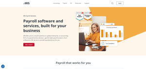 Screenshot of IRIS Payroll Services website homepage showing payroll software, compliance features, analytics dashboard, and a professional working on a laptop.