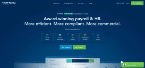 Screenshot of Moorepay website homepage showcasing award-winning payroll and HR software, outsourcing services, and options like payroll software, HR software, and HR services.