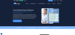Screenshot of PayEscape website homepage showing cloud-based payroll software, HR and time tracking solutions, and a professional using a laptop.