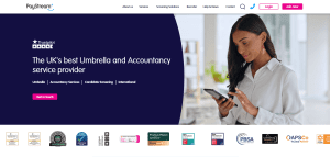 Screenshot of PayStream website homepage highlighting umbrella, payroll, and accountancy services with Trustpilot rating and a professional using a smartphone.