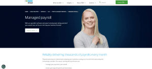 Screenshot of  RSM UK managed payroll services webpage featuring payroll outsourcing solutions, a professional portrait, and messaging focused on efficiency and compliance.