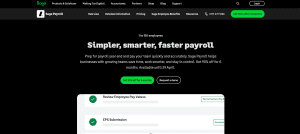 Screenshot of Sage Payroll Services webpage displaying cloud-based payroll software, automated pay runs, compliance features, and tools for managing employee payroll efficiently.