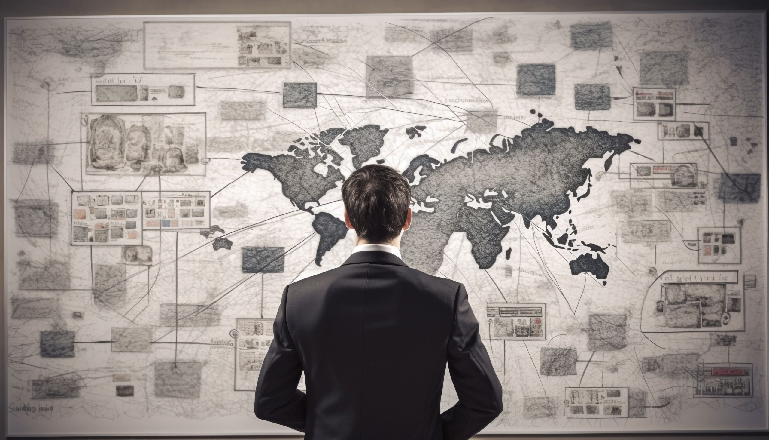 young businessman standing holding world map chart