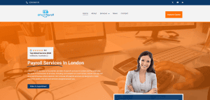 Screenshot of Direct Payroll Services website showing managed payroll, outsourcing, CIS payroll, and business tax services for SMEs in the UK.