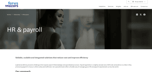 Screenshot of Forvis Mazars HR & payroll services webpage showing global payroll solutions, integrated HR systems, and a professional in a corporate setting.