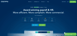 Screenshot of Moorepay website homepage showcasing award-winning payroll and HR software, outsourcing services, and options like payroll software, HR software, and HR services.