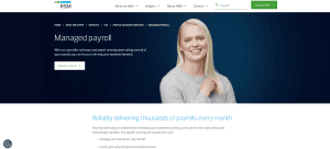 Screenshot of RSM UK managed payroll services webpage featuring payroll outsourcing solutions, a professional portrait, and messaging focused on efficiency and compliance.